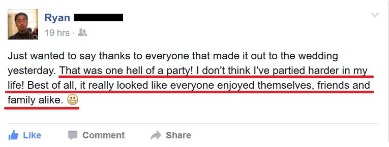 Facebook comment from the groom