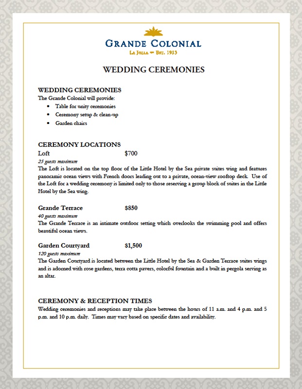 San Diego Venue Price List -Grande Colonial Hotel