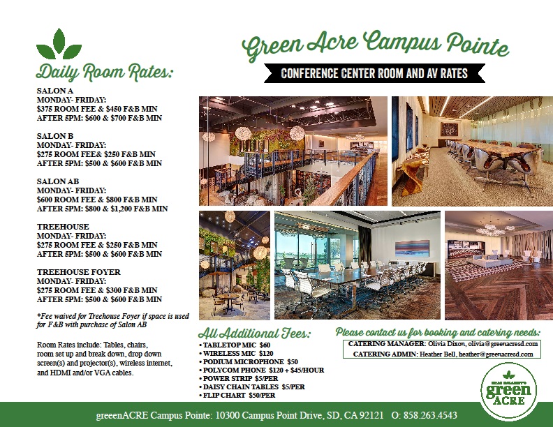 San Diego Venue Price List -Green Acre Campus Point