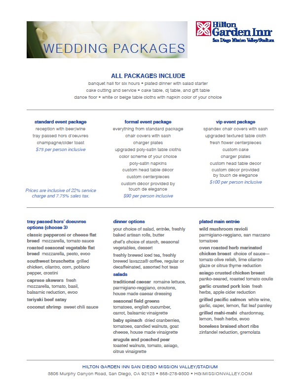 San Diego Venue Price List -Hilton Garden Inn Mission Valley