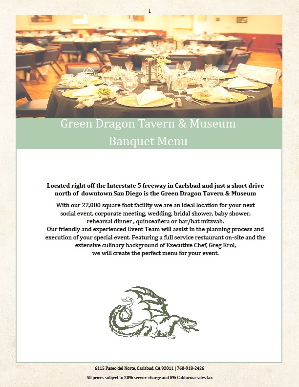 San Diego Venue Pricing List - Green Tavern & Museum